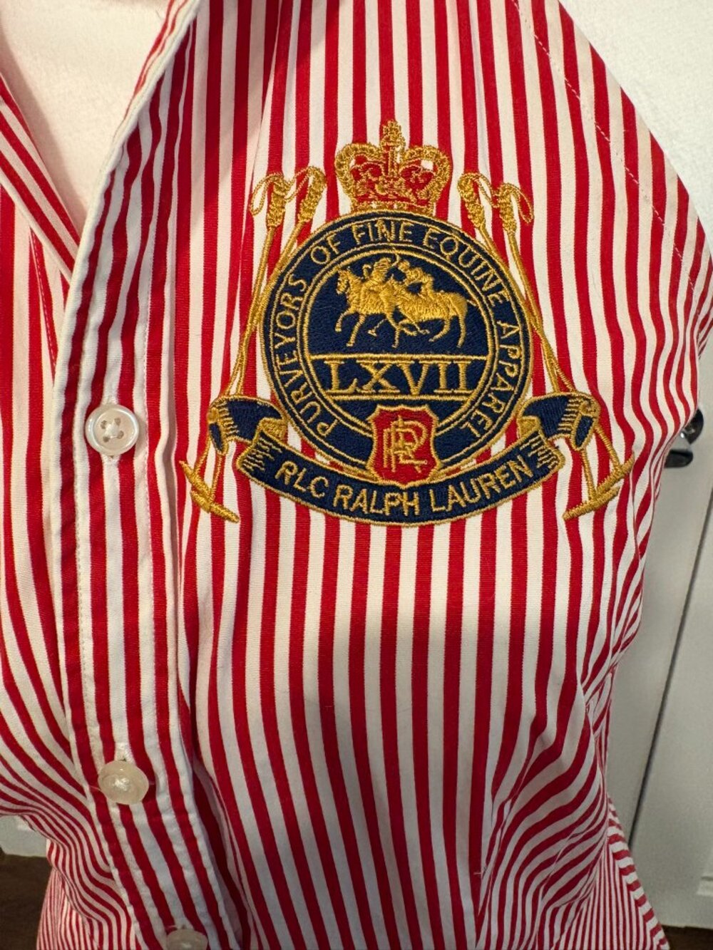 Vintage Ralph Lauren Red White Striped Halter Shirt Dress Crest XS S - Picture 6 of 12